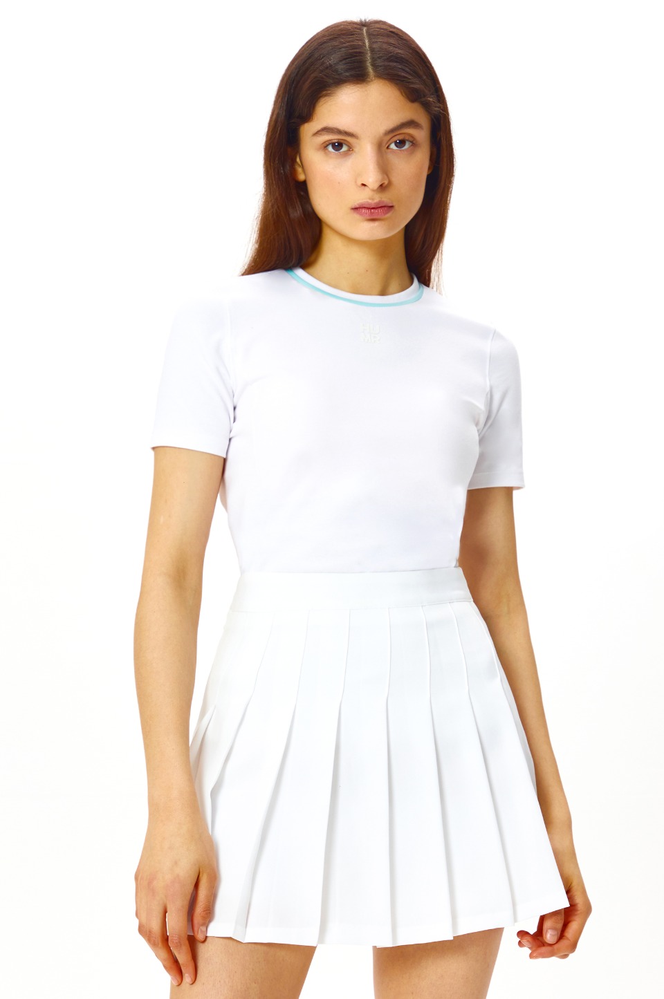 여성 라인 포인트 넥 반팔 티셔츠_OFF WHITE